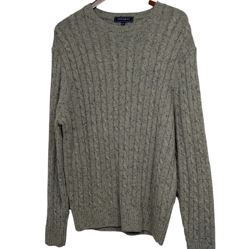 Crown & Ivy Mens Grey Cable Knit Crewneck Sweater Size L Grey Marl Pullover